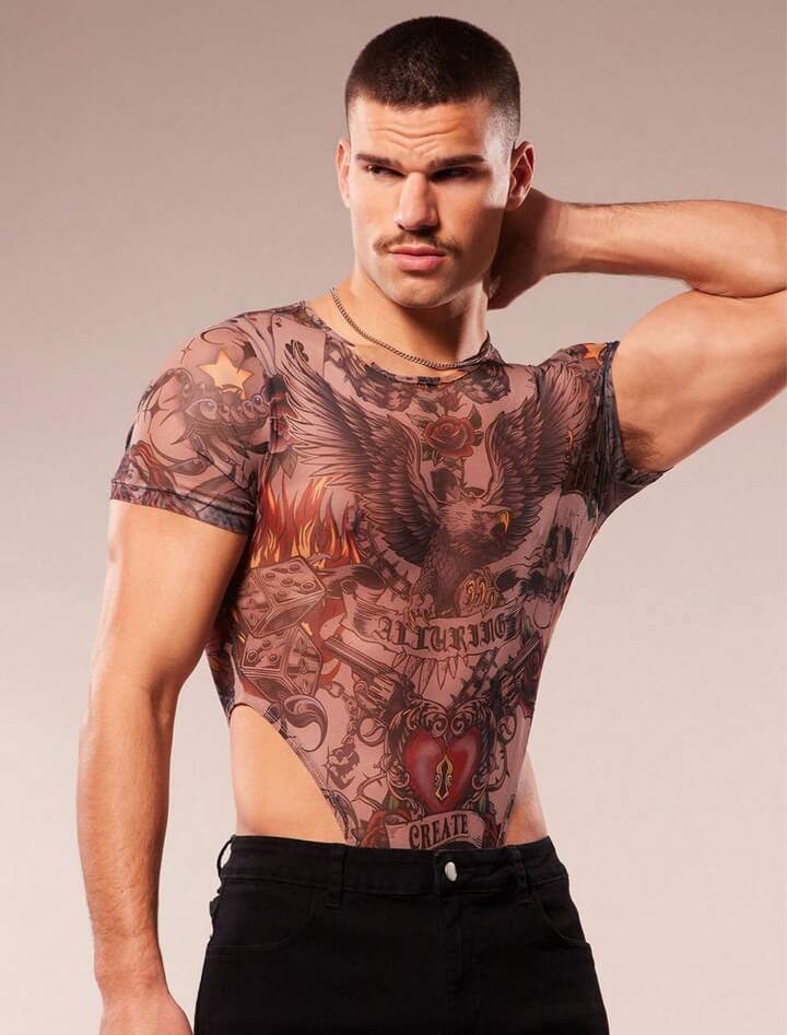 Men's Eagle Print Round Neck Short Sleeve High Cut Mesh Bodysuit